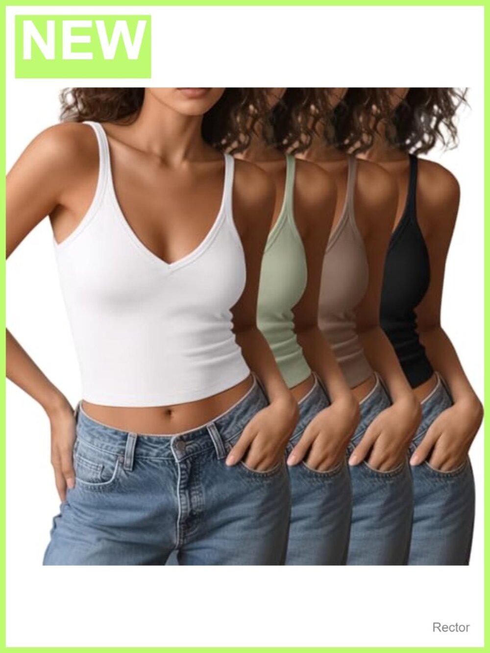 Women's V-Neck Spaghetti Strap Crop Tank Tops 4-Pack Cotton Stretch Basic